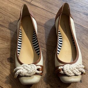 Gianni Bini Cream and Brown Canvas Knot-Accent Ballet Flats